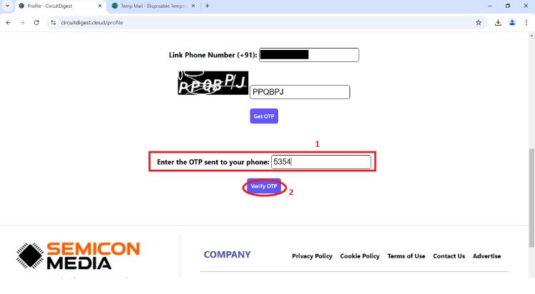 Entering OTP Received on Phone to verify SMS Alert in Circuit Digest API