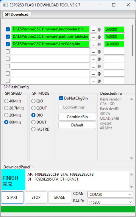Firmware Upload Status Completed in LiteWing Drone