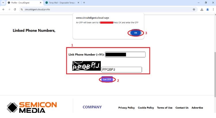 Entering phone number and OTP to enable SMS alerts in Cloud API