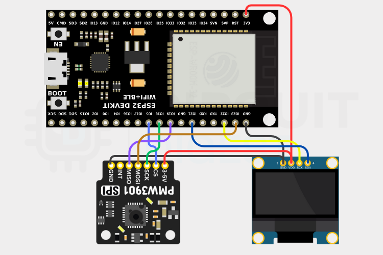 PMW3901 Direction indicator with ESP32 Circuit Diagram