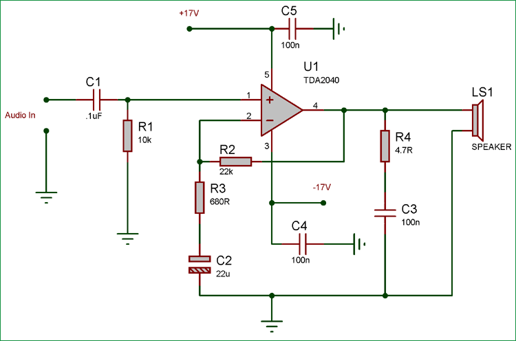 25 Watt Audio Amplifier Circuit using TDA2040 25 Watt Audio Amplifier Circuit using TDA2040