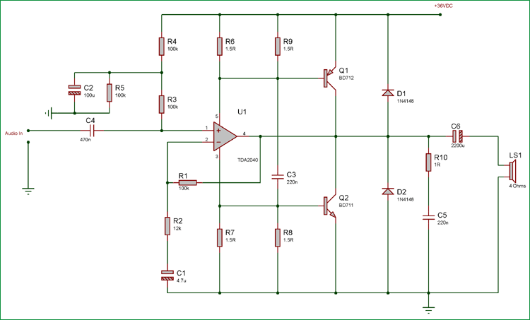 40 Watt Audio Amplifier using TDA2040 and Transistor Pair 40 Watt Audio Amplifier using TDA2040 and Transistor Pair