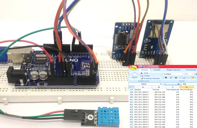 Arduino Temperature Data Logger using DHT11 Log Temperature, Humidity and Time on SD Card and Computer using Arduino