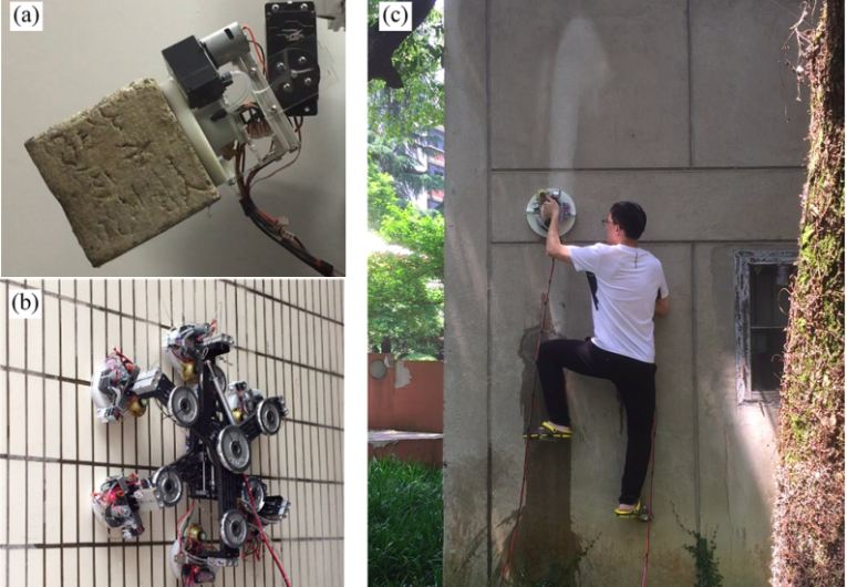 Applications of ZPD suction units. (a) ZPD suction unit as the end-effector of a robotic arm. (b) ZPD suction units in a hexapod wall-climbing robot. (c) ZPD suction units for a spider-man wall-climbing device. ZPD Based Climbing Robots and Robotic Arms Operating on Rough Surfaces